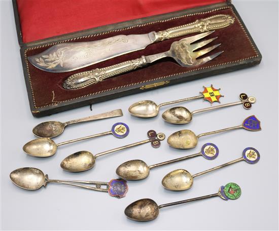 8 Chinese silver and enamel spoons, another spoon and a cased pair of fish servers